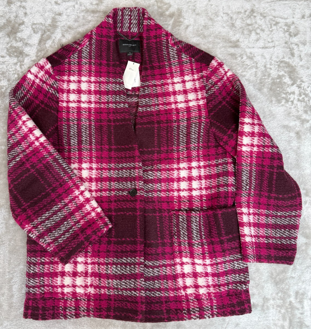 Banana Republic Wool Blend Maroon Pink Plaid Boucle Knit Jacket Size S NWT